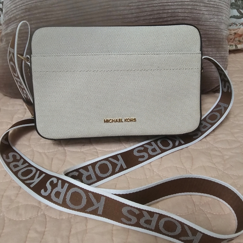 Michael Kors Cream Crossbody with Brown Strap
